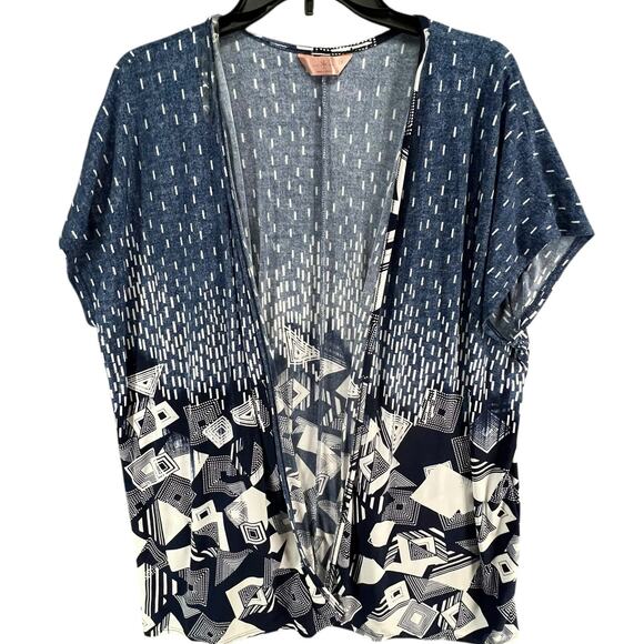 SJS Kimono Cardigan Womens 2XL Blue Geometric Open Front Relaxed Layering Flowy - Picture 4 of 12
